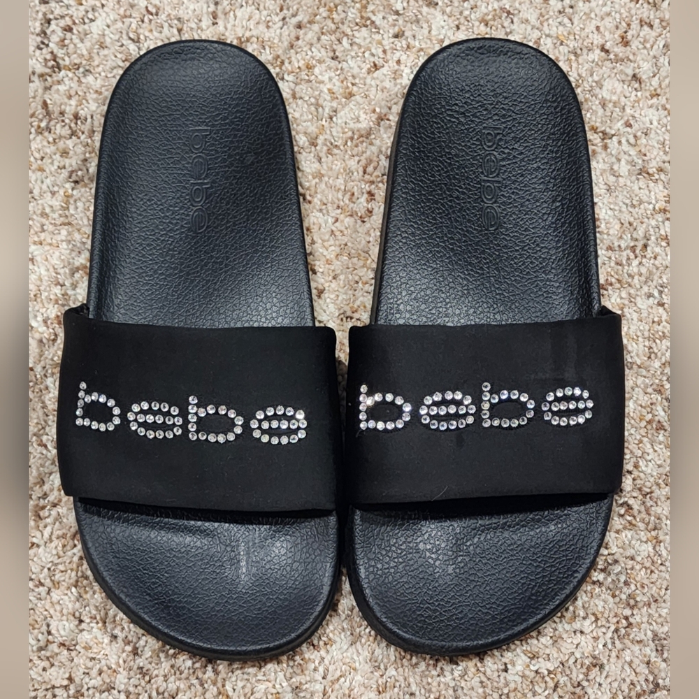 Bebe Black Slide Sandals with Rhinestone Logo Sz 8